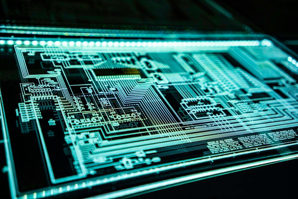 Glowing circuit board representing AI and cybersecurity technology